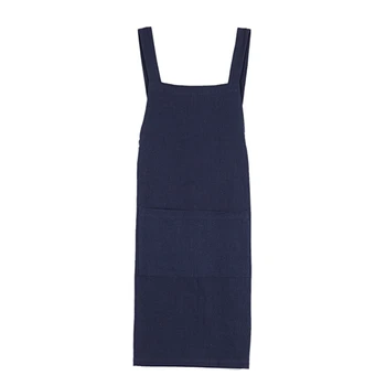 

Soft Cotton Linen Apron with Double Front Large Size Pockets Solid Color Halter Cross Bandage Aprons Kitchen Cooking Clothes