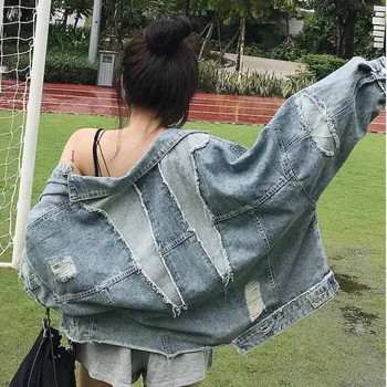 

#9117 Batwing Sleeve Blue Jeans Jacket Women Plus Size Streetwear Hole Long-sleeve Denim Jackets Femal Big Hip Hop Outwear Girl