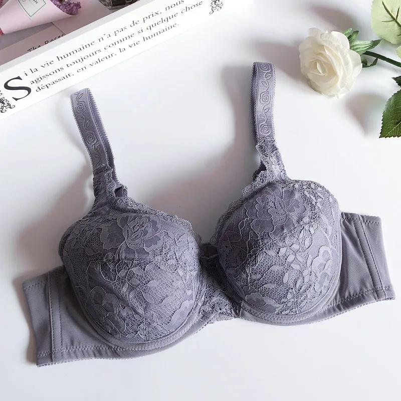 Purple gray Бюстгальтер размера плюс, чашечки B, C, D, E, F, сексуальный кружевной бюстгальтер для женщин, большой размер, полный охват, модное белье, Ультра тонкое нижнее белье - Цвет: Purple gray
