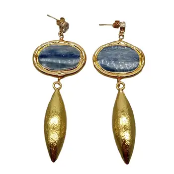 

Natural Blue Kyanite Gold Plated Edge Brushed Bead Drop Stud Earrings