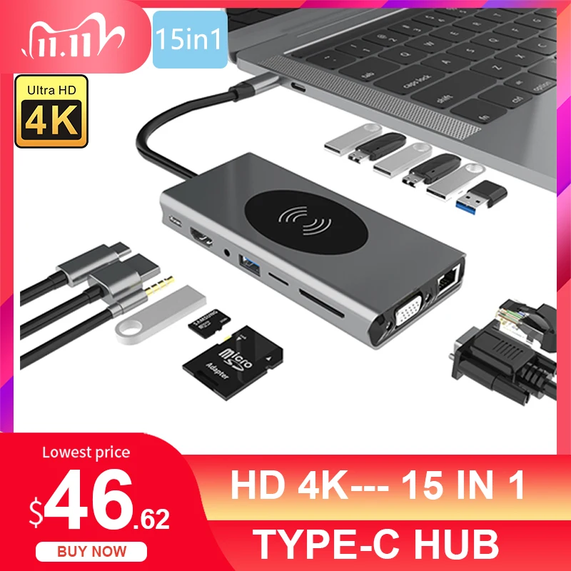 

Type-C USB 3.1 Hub15in1 To HDMI Adapter 4K Thunderbolt 3 Hub with Hub 3.0 RJ45 VGA TF SD Reader Slot PD for MacBook Pro/Air 2020