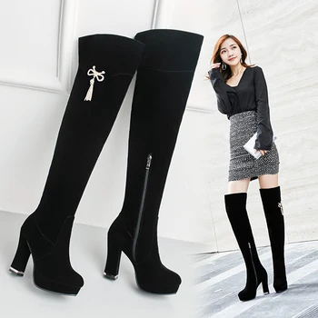 

Simple Temperament Over The Knee Ladies Long Boots Round Head Thick With Elegant Stretch Stovepipe Comfortable Warm Women Boots