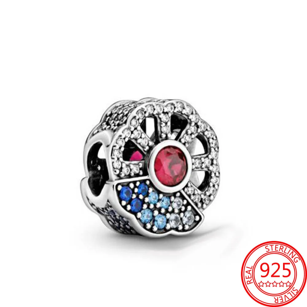 925 Sterling Silver Red CZ Flowers Beads Blue Zircon Charm Fit Original Bracelet Necklace Fashion Jewelry S925 | Украшения и