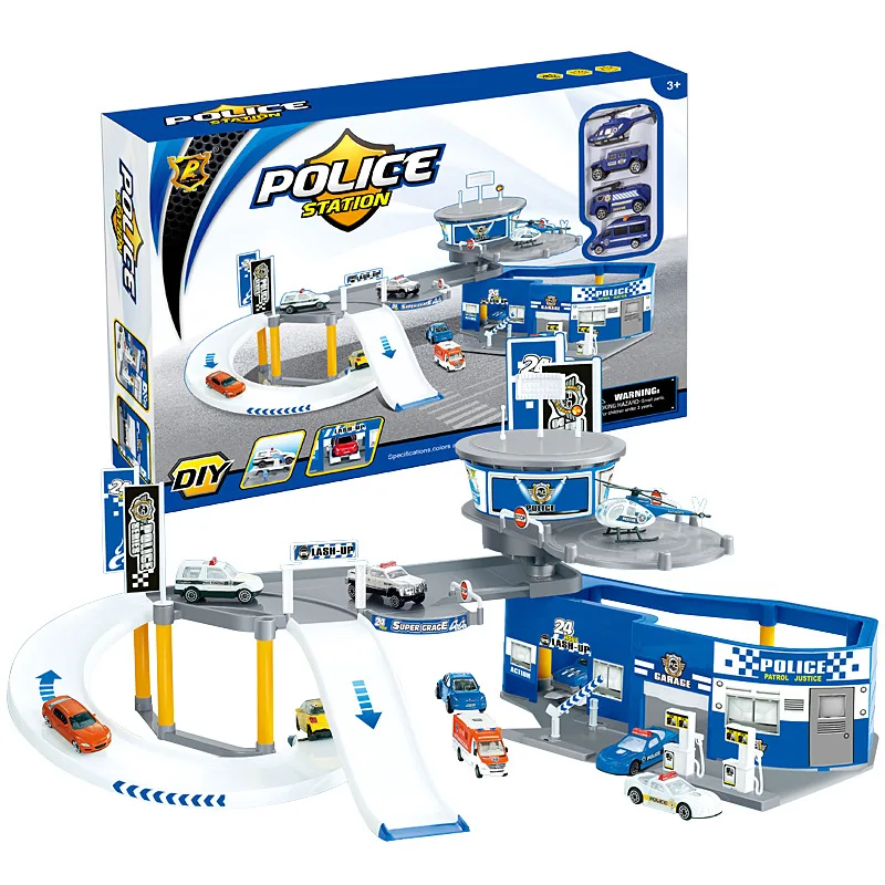 

P819-A Police Parking Lot Toy with 4 PCs Toy Car DIY Assembled Toys Camera Track Joint Educational Toy