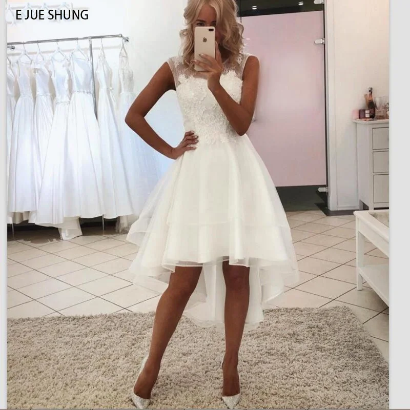 

E JUE SHUNG White Lace Organza Hi Low Wedding Dresses Front Short Long Back Beach Bridal Wedding Gowns