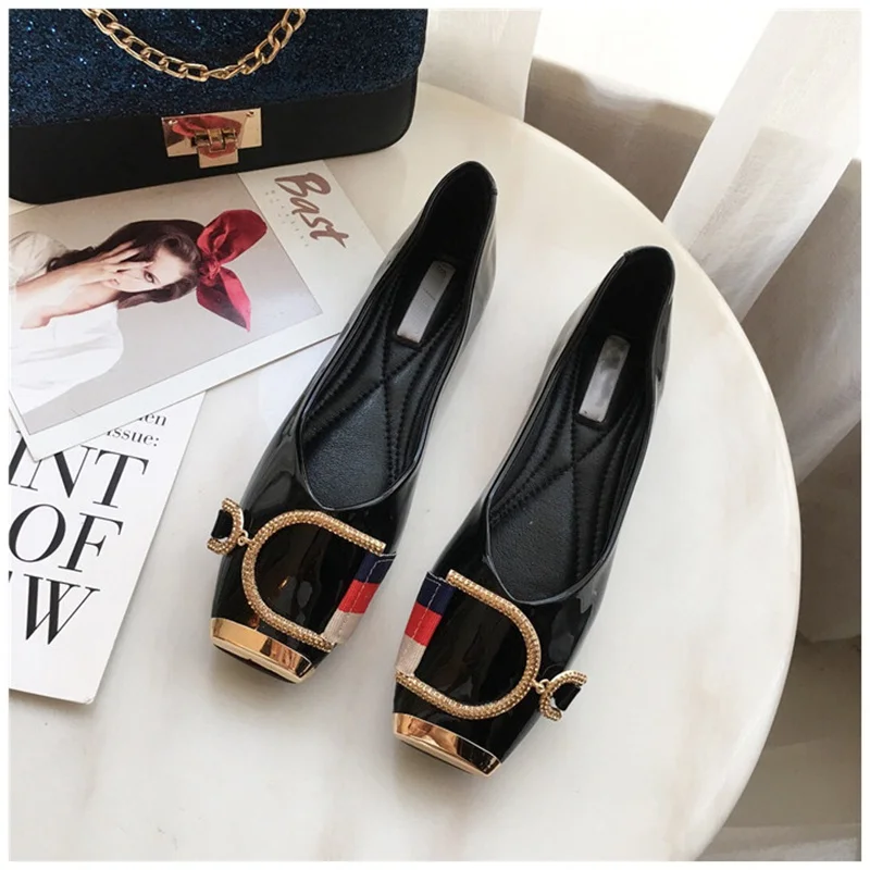 SUOJIALUN Rhinestone Buckle Flat Shoes Women Square Toe Ballerina Slip On Ladies Shoes Fashion Design Luxury Loafers Flat Shoes