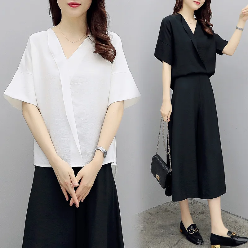 

2019 Summer Wear New Style Large Size Dress Fat MMV Collar Slimming Tops Wide-Leg Culottes Capri Pants Two-Piece Set