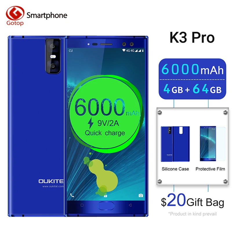 

Oukitel K3 Pro 5.5 inch FHD Screen Mobile Phone 4GB 64GB MT6763 Octa Core 6000mAh Battery 13MP+2MP Dual Camera 4G LTE Smartphone