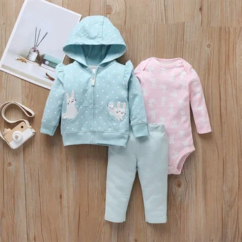 

Baby's Set Three Piece Bodysuit Coat Trousers Girls Long-Sleeved Jumpsuit Polka Dot Hooded Sweater Solid Color Pants Cute