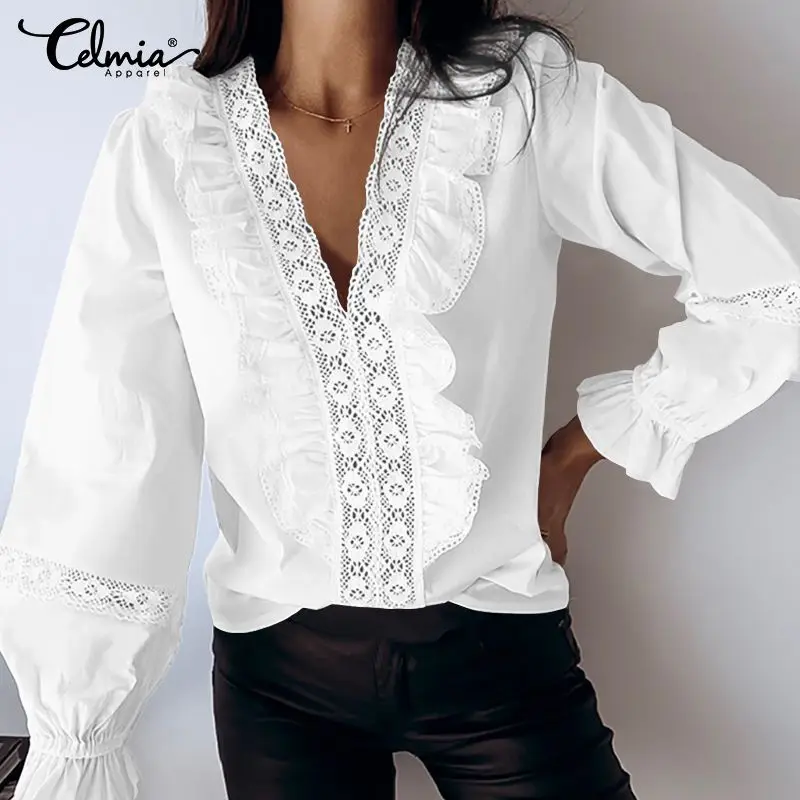  Celmia Top Fashion Women Ruffles Blouse Long Sleeve V-Neck Casual Shirts Loose Hollow Female Work P