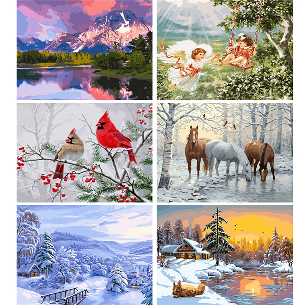 VA-2549 Frame Snow Mountain Beach Painting By Numbers For Adults Kids DIY Handpainted Landscape Oil Picture Number 40x50 CM | Дом и сад