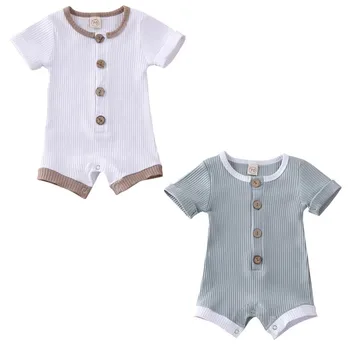 

Unisex Baby Summer Clothing Outfit Short Sleeve Button Solid Color Cotton Blend Rompers Jumpsuits Baby Clothing