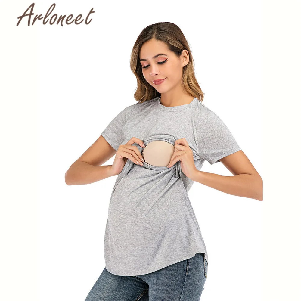 Серый Одежда arloneet, женская блузка для беременных, короткий рукав, футболка для кормящих, черная блузка для грудного вскармливания, женская повседневная одежда для беременных - Цвет: Серый