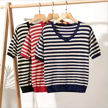 

Women Striped Sweaters 2019 Cool Knitting Tops Ice Silk Pullovers Female Knitted Shirts Ladies Tees Casual Clothings qh2041