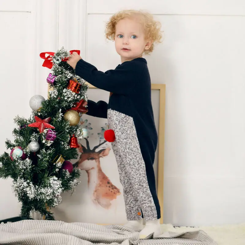 Рождественская Одежда для новорожденных мальчиков и девочек от 0 до 18 месяцев вязаный свитер с длинными рукавами комбинезон, вязаный хлопковый комбинезон, наряд для рождественской вечеринки