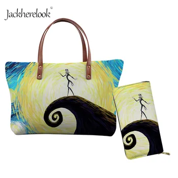 

Jackherelook 2Pcs Lady's Shoulder Bag Wallet Set Cartoon The Nightmare Before Christmas Handbag and Leather Purse Top-Handle Bag