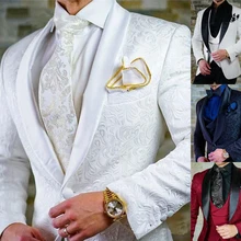 2021 Custom size Jacquard Groomsmen white Groom Tuxedos Shawl Lapel Men Suits Wedding Prom Best Man Blazer Jacket with Pants Set