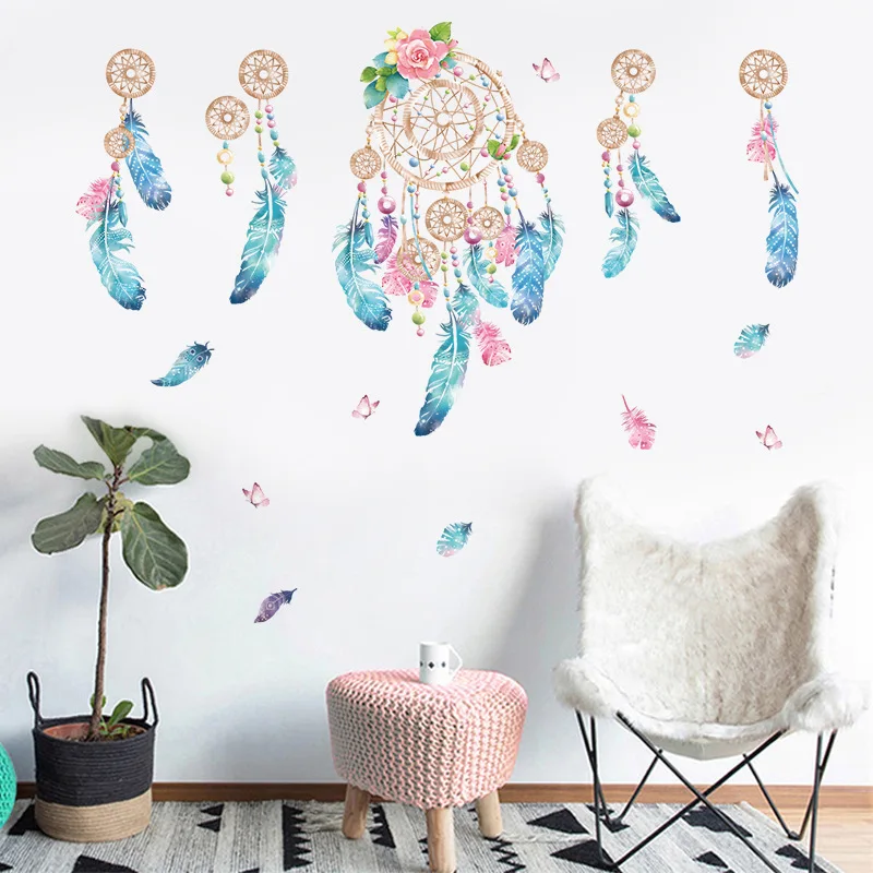 

HOT Catch Monternet Dream Catcher Color Feather Wall Sticker Art Design Home Decoration For Living Room Kids Room Decal 60*90CM