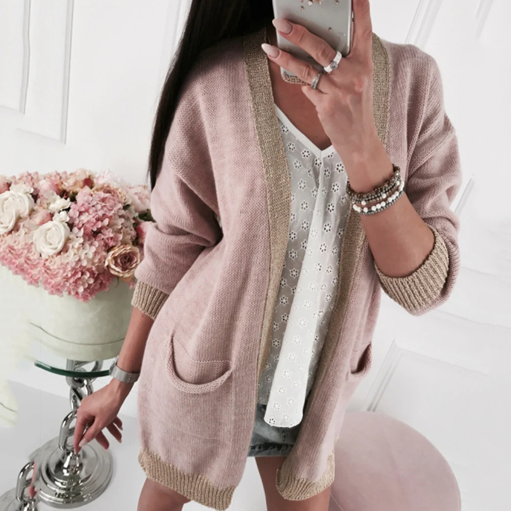 

2019 Women Sweater Cardigan Coat Long Pockets Autumn Warm Sueter Mujer Casual Patchwork Knitted Open Stitch Sweater Slim Tricot