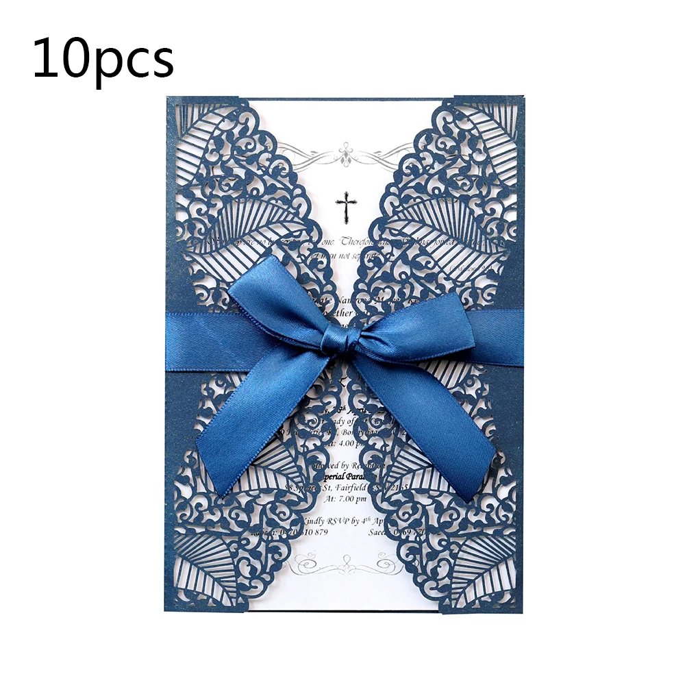 10 sets Laser Cut Hollow Flower Shape Card Romantic Wedding Invitations Card With Ribbon Birthday Party Decoration Supplies