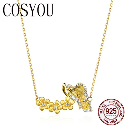 

COSYOU Butterfly with Flower Short Choker Necklace for Women Gold Color Real 925 Sterling Silver Luxury Weding Jewelry BSN111