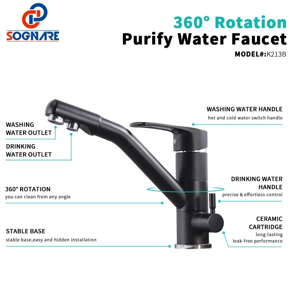  SOGNARE Black Matte Kitchen Faucet Mixer Tap 360 Degree Rotation Drinking Water Faucet Brass Purify - 32906982428