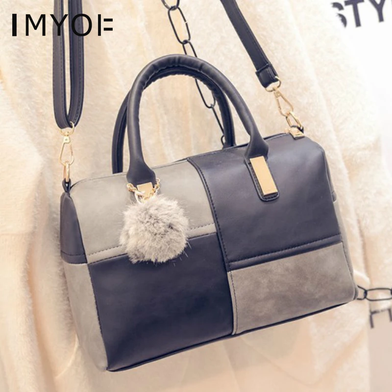 

Women Pu Leather Handbag Geometric Contrast Color Ladies Shoulder Bags Hair Ball Vintage Large Capacity Female Casual Tote Bag