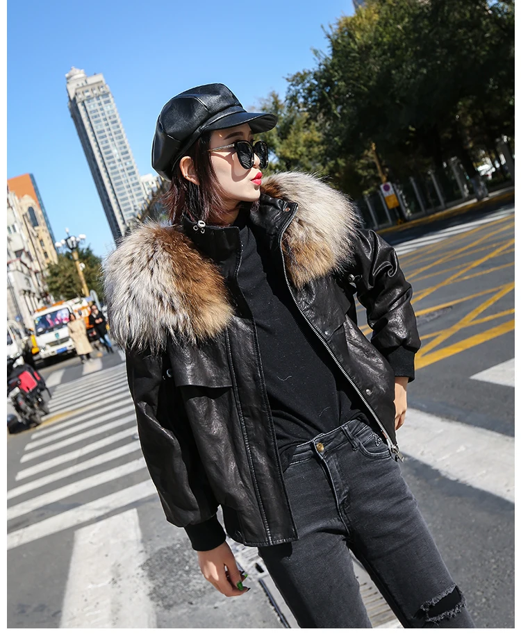 Genuine Leather Jacket Real Raccoon Fur Collar Drop Shoulder Bishop Sleeve Sheepskin Coat Women Winter Casual Oversized Outwear