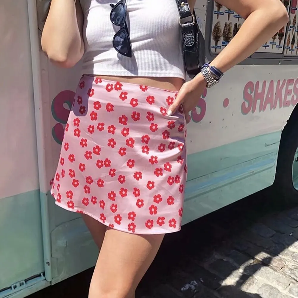 Minifalda de verano y2k para mujer, faldas por debajo de la rodilla, ropa gótica de satén, cintura alta, estampado Floral, ropa de calle para chicas - AliExpress Ropa de mujer