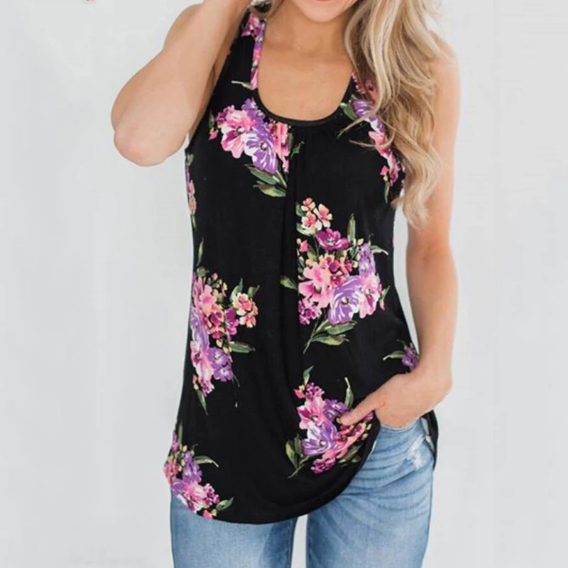 Women's O-neck Vest Loose Casual Sleeveless Shirts Flowers Print Multicolors Tank Top Summer Sleeveless Tank Top