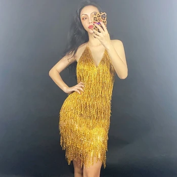 

Sexy Backless Gold Fringe Short Dress Women Performance Show Dance Costume Bar Prom Birthday Celebrate Party Dress Stage Wear