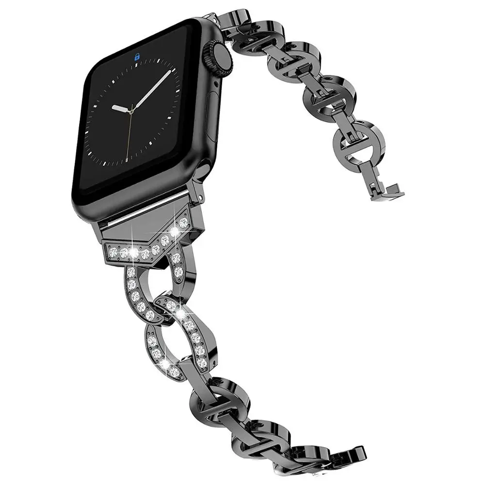 black Бриллиантовый ремешок из нержавеющей стали для Apple Watch, ремешок 38 мм, 40 мм, 42 мм, 44 мм, стразы, браслет для женщин, сменный ремешок на запястье - Цвет ремешка: black