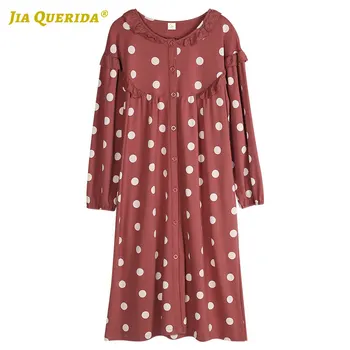 

Preppy Style New Soft Night Gown Night Wear Homedress Night Dress 100% Cotton Polka Dot Woman Long Shirt Red Woman Clothes Girl