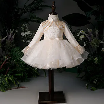 

Champagne Tulle Baby Girl Baptism Dress Tutu Puffy Wedding Dress Beading Toddler Girl Clothes Newborn Baby Birthday Gown