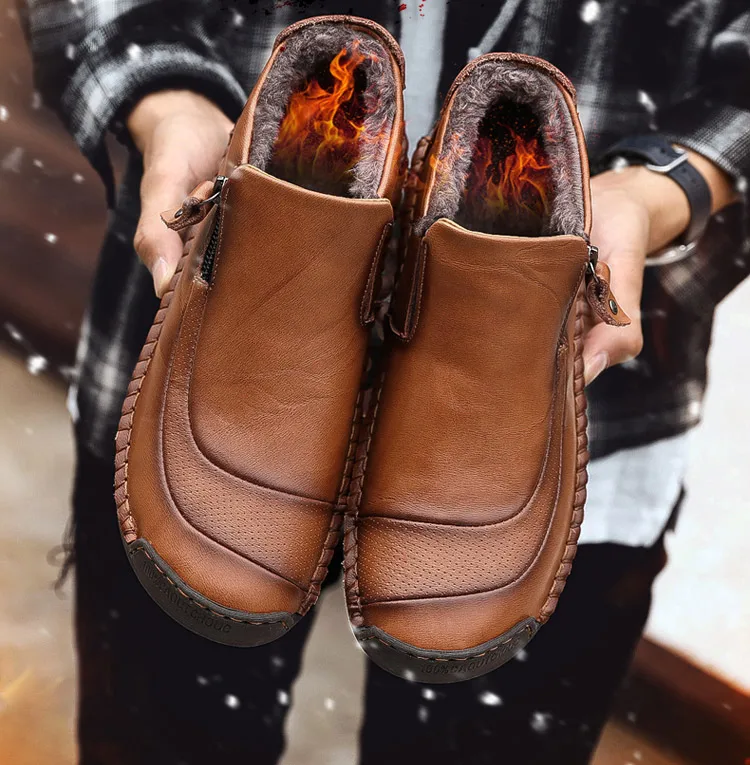 Новинка года; зимние кожаные туфли ручной работы; мужские ботинки; очень теплые плюшевые мокасины на низком каблуке; Мужская обувь; zapatos hombre; большие размеры