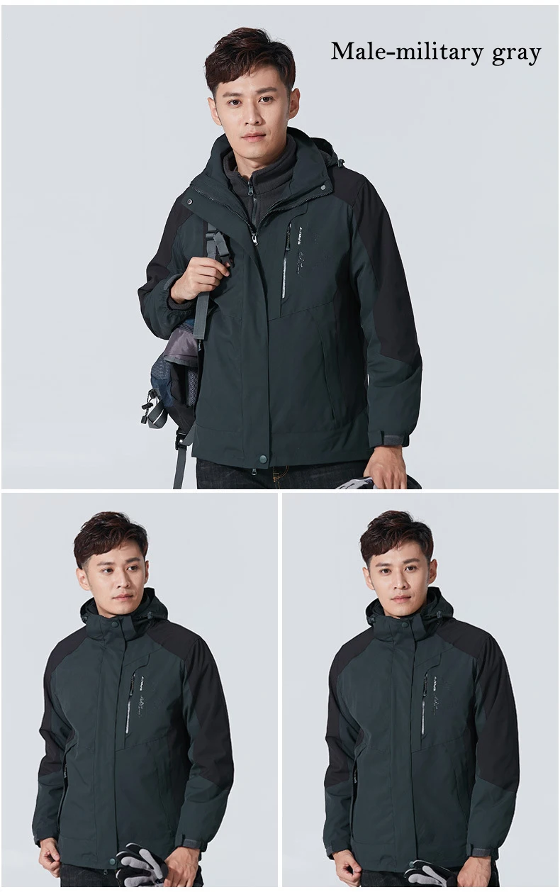 Men- Military ash 3 In 1 Outdoor Hiking Jacket Women Men Camping Tourism Trekking Climbing Waterproof Outdoor Jackets Female Spring Sports Jackets - Цвет: Men- Military ash