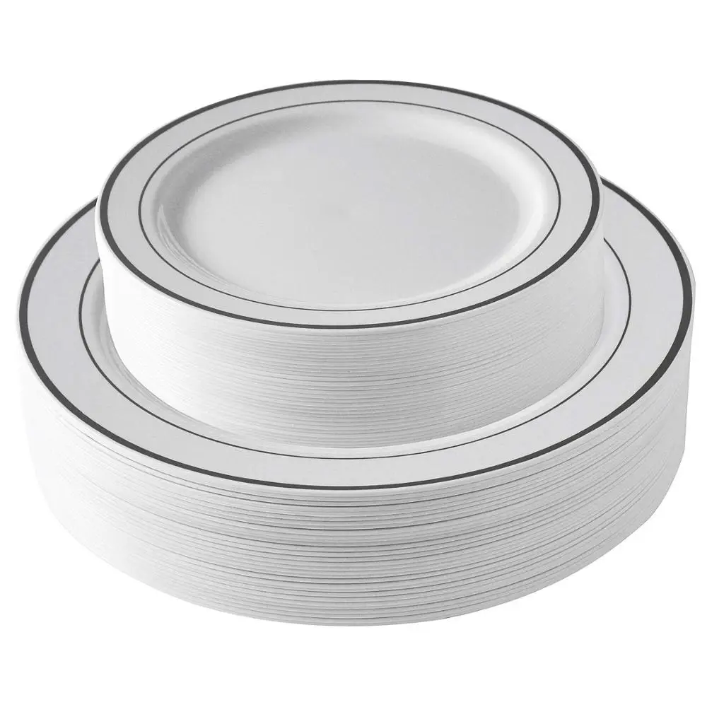 

25 Pieces Silver Plastic Plates, White Disposable Plates,silver rim Dinner Plates ,Salad/Dessert Plates for Weddings& Parties