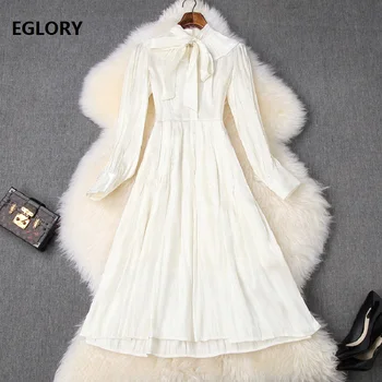 

Bow Collar Dress 2020 Spring Style Women Beading Buttons Up Long Sleeve Big Swing Party Mid-Calf White Dress Elegant Work Wear