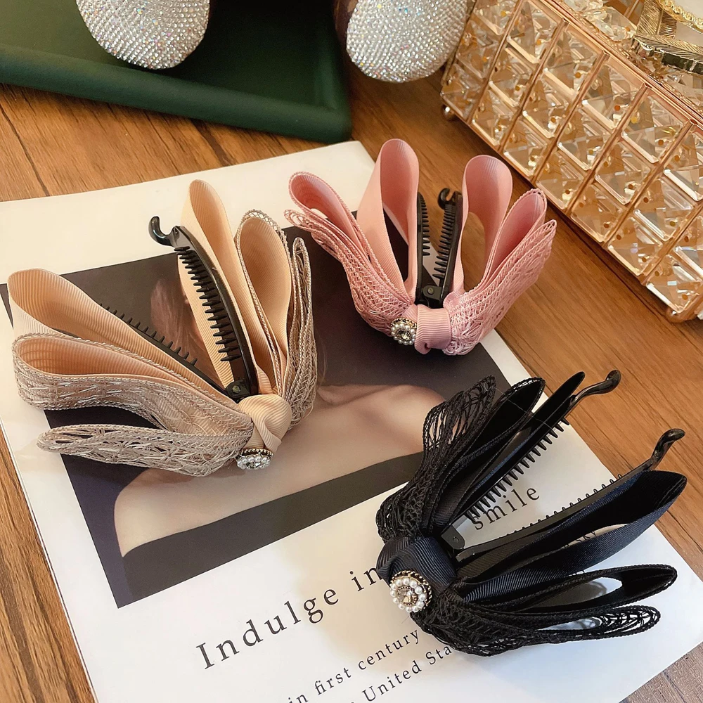 Cute Ribbon Bow Banana Clip For Women Pearl Hairpins Lace Barrette Fashion Ribbon Bow Hair Claw Ladies Sweet Hair Accessories
