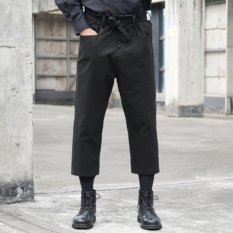 New men's classic simple dark adjustable belt design couples with the same casual pants