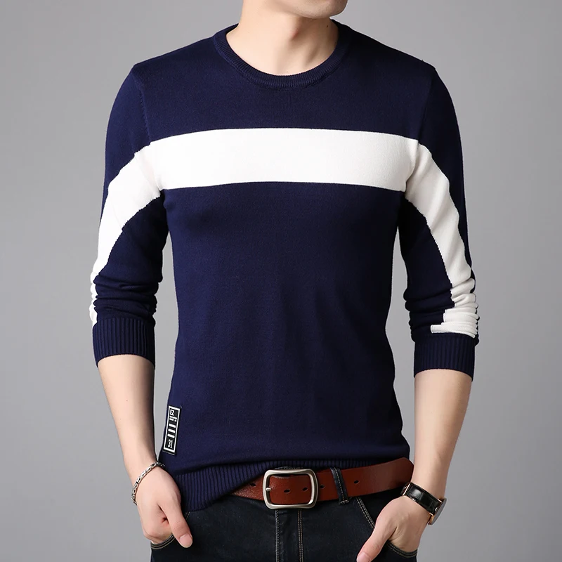 Повседневный мужской свитер бренд Slim Fit с длинным рукавом и круглым вырезом мужской полосатый лоскутный пуловер Модный Топ вязаный классический трикотаж