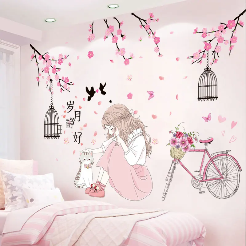 

[shijuekongjian] Cartoon Girl Wall Stickers DIY Flower Bicycle Wall Decals for Kids Bedroom Baby Room Nursery House Decoration