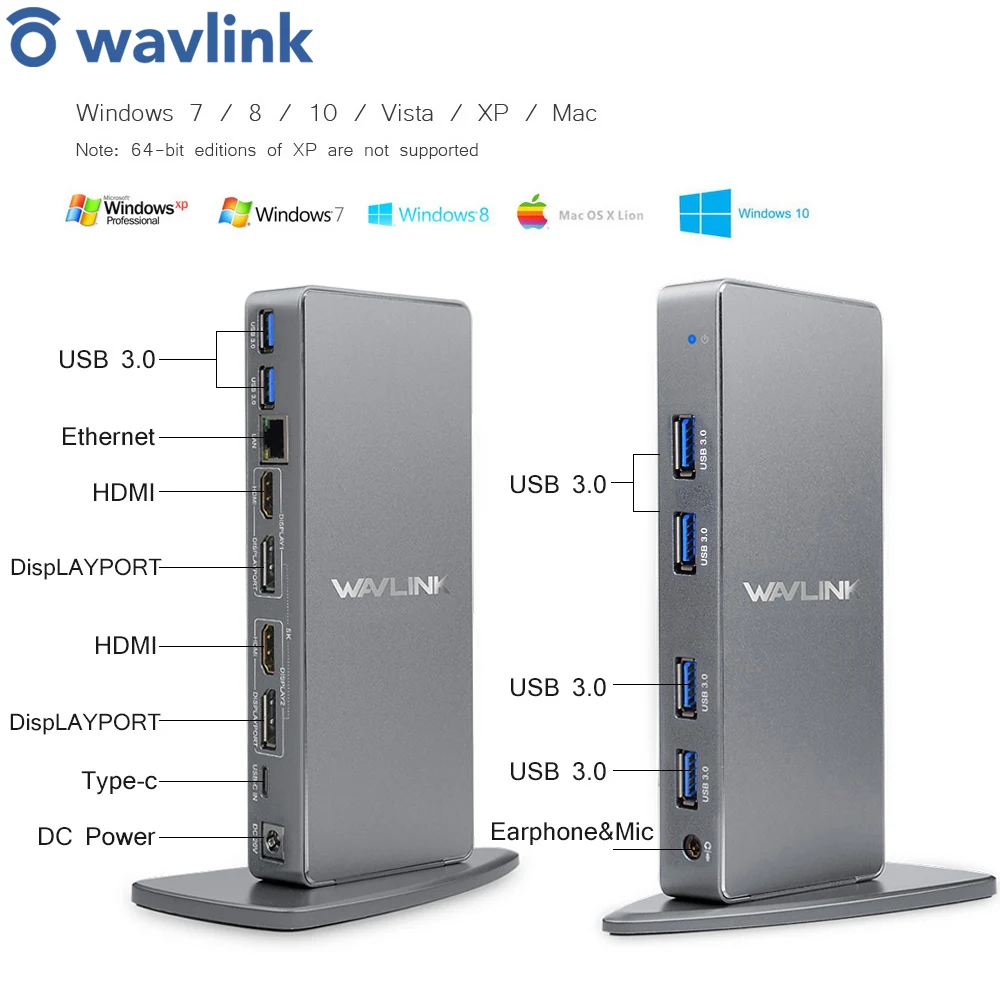 Wavlink supporta due uscite video 4K per laptop PC o Mac Docking Station universale USB 3.0/USB C DisplayPort e HDMI, Gigabit Ethernet, audio 2 in 1, 5 porte USB