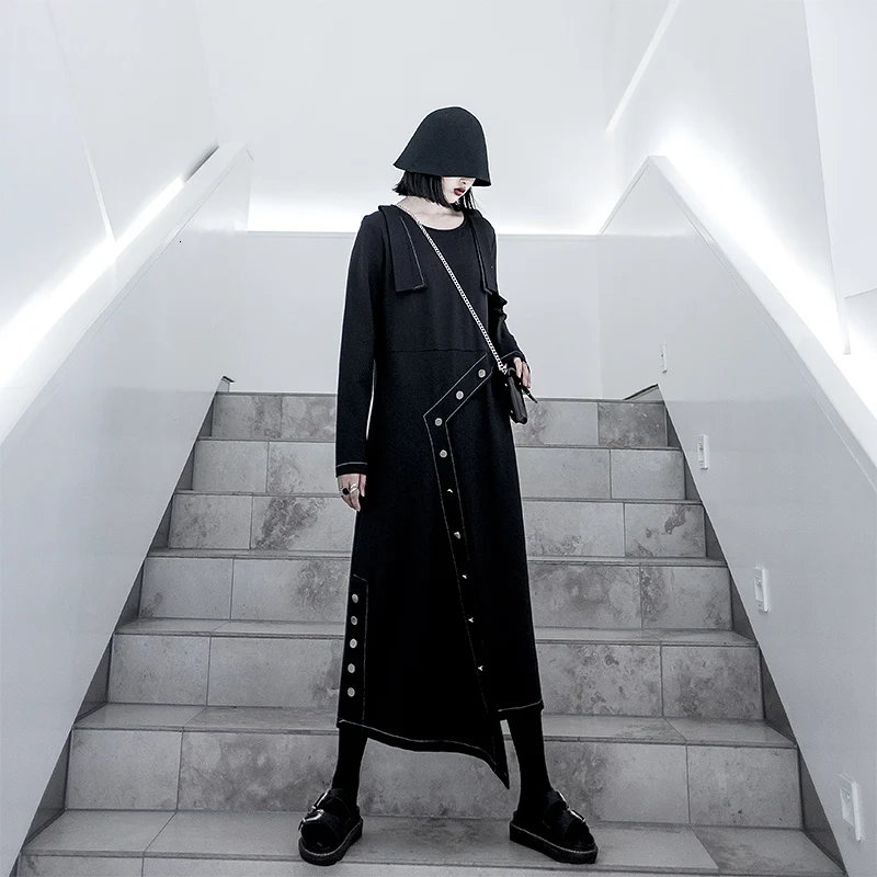 

[EWQ] 2019 Spring Autumn New Pattern Round Collar Long Sleeve Darkly Patchwork Asymmetrical Pullovers High Street Dress AH455