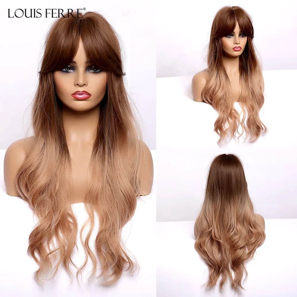 LOUIS FERRE Ombre Brown Red Wig Synthetic Wigs with Bangs for Black Women Afro Long Natural Wave Cosplay Heat Resistant Fibre | Шиньоны и