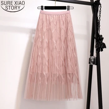 

2020 Spring Summer Fashion Korean A Line Bead High Waist Ladies Plaid Tulle Midi Pleated Skirt Women Pink Mesh Long Skirt 9584