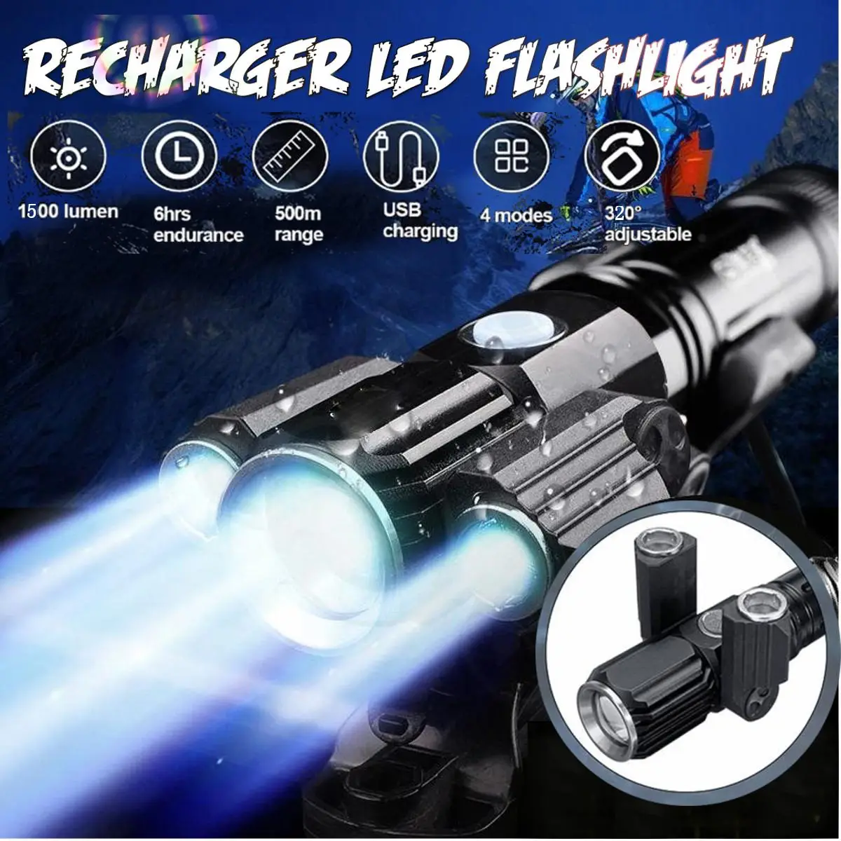 

Cross Border New Style Multi-functional Glare LED Three Head Flashlight Outdoor Riding Spotlight USB Direct Charging Strong Ligh