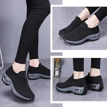 

Women Slip On Mesh Walking Shoes Air Cushion Comfortable Platform Working Sneakers G66