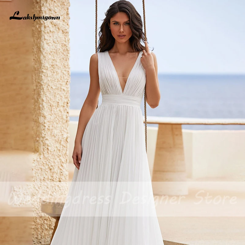 cheap wedding dresses Lakshmigown Chiffon A Line Wedding Dresses for Woman V Neck Backless Simple Boho Pleat Dresses Sexy Bridal Gowns Robe De Mariee dresses for wedding