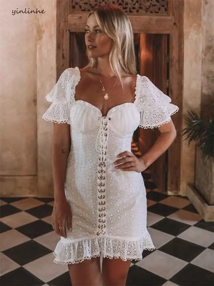 yinlinhe Hollow Out White Lace Dress Women Short Sleeve Up Sexy Bodycon Summer Backless Cotton Party Vestidos 1268 | Женская одежда